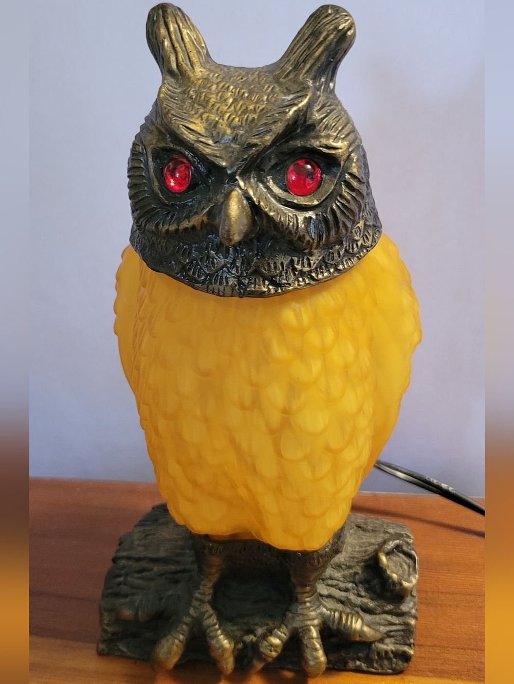 Owl Lamp Metal Glass Amber 9" Red Eyes Vintage Tin Chi Style